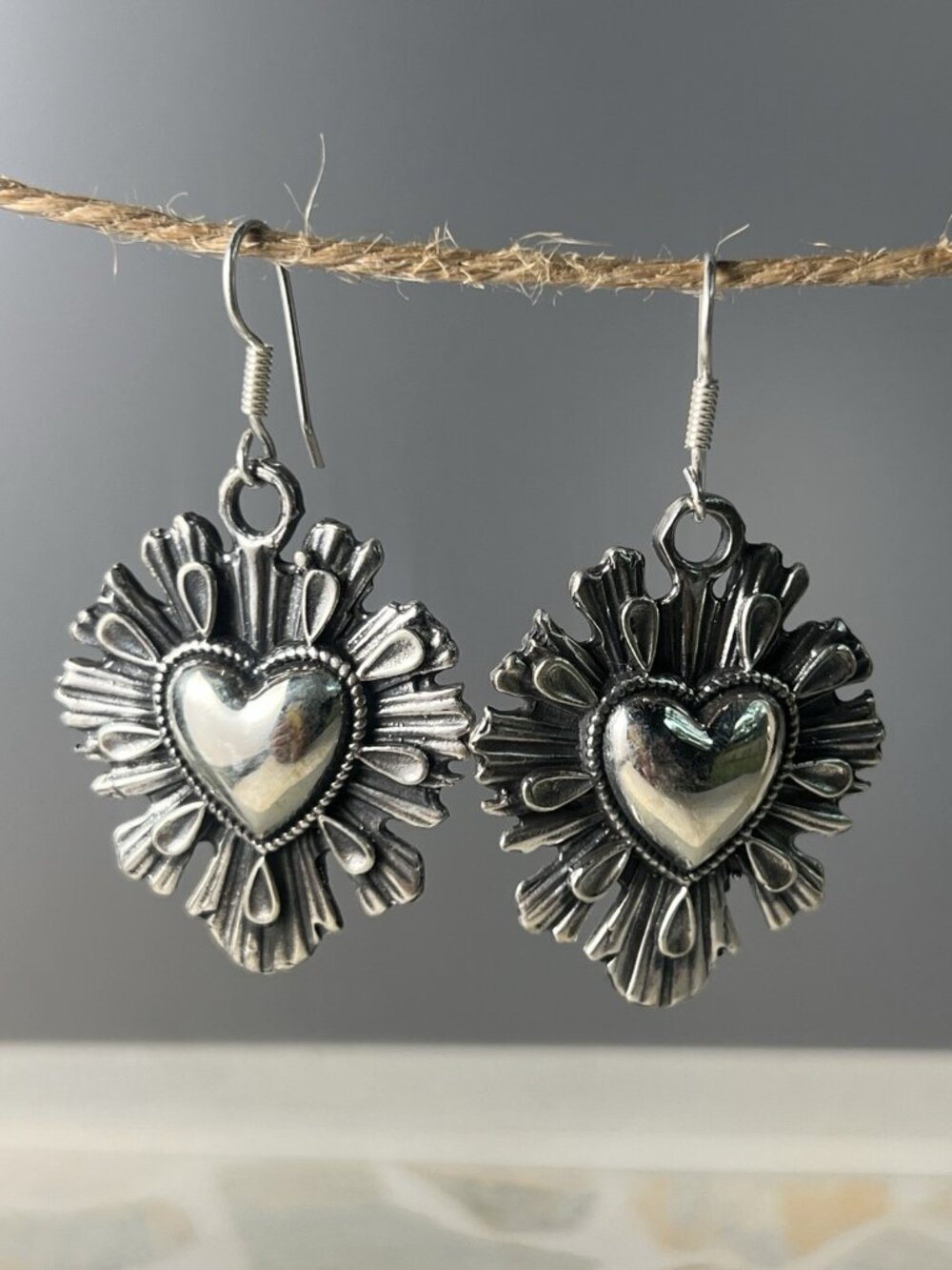 Handcrafted Taxco 925 Sterling Silver Heart Sunburst Dangle Earrings